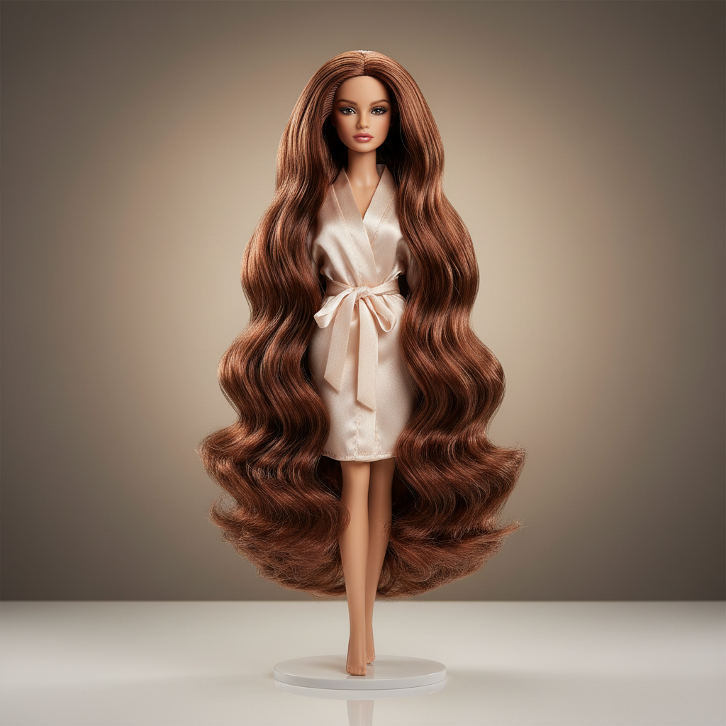 A single couture hair styling doll standing centered on a glossy white pedestal, its long, silky chestnut hair cascading in smooth, mirror-like waves down its back. The doll wears a minimalist satin robe in a soft champagne tone, emphasizing the hair as the hero element. The background is a seamless warm grey gradient, with a faint reflection on the pedestal surface. A focused spotlight from above and slightly behind creates a subtle halo around the doll’s hair, revealing individual strands and rich texture. The composition is symmetrical and uncluttered, captured in photographic realism with a medium close-up framing that feels luxurious, refined, and perfectly suited for a premium product detail page.