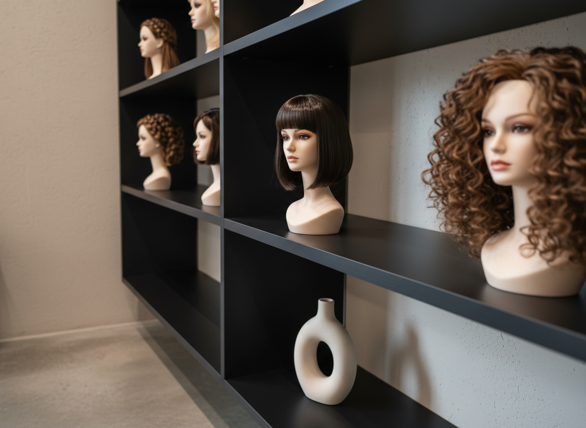 A luxurious display of premium hair dolls arranged on a matte black shelving unit, each doll’s meticulously crafted synthetic hair styled in different high-end salon looks: sleek glassy bobs, voluminous curls, and intricate braided updos. The setting is a sophisticated boutique interior with polished concrete floors and a pale taupe wall, accented by a single sculptural ceramic vase. Soft studio lighting from above and slightly to the side creates gentle highlights on the hair fibers and subtle shadows on the shelves. Shot at eye level with a shallow depth of field, the foremost doll in sharp focus and the others gracefully blurred, achieving a clean, modern, photographic realism that feels elegant and aspirational.